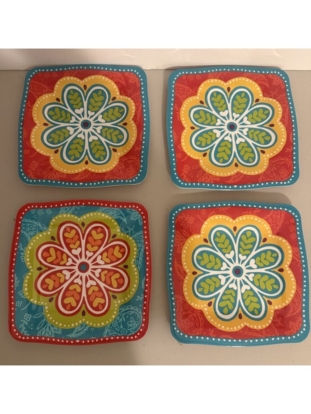 Pier One Fiesta Floral Set of 4 Square Dessert Salad Plates